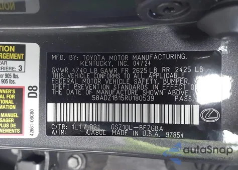 2024 Lexus Es 350 из США, поврежденный, VIN 58ADZ1B15RU180539